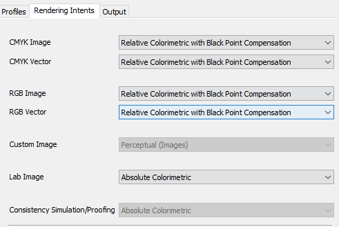 ONYX rendering intent profile settings