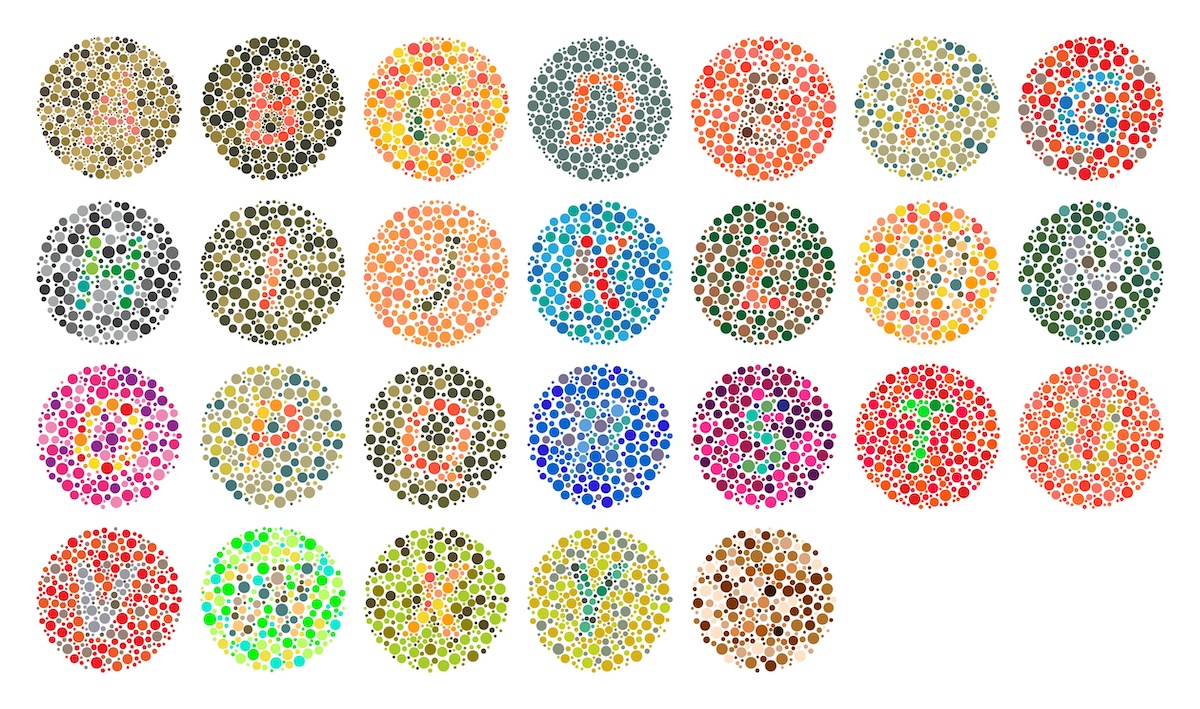 Vector graphic of color blind test. Ishihara Test daltonism color blindness disease perception test letter blindness test set. vector eps10.